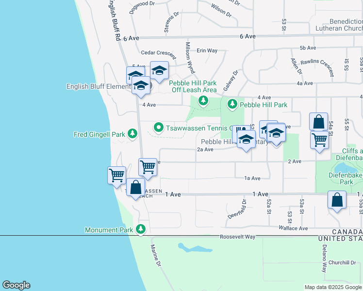 map of restaurants, bars, coffee shops, grocery stores, and more near 4969 2A Avenue in Delta