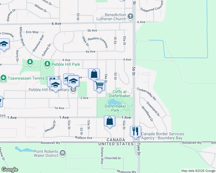 map of restaurants, bars, coffee shops, grocery stores, and more near 260 54A Street in Delta