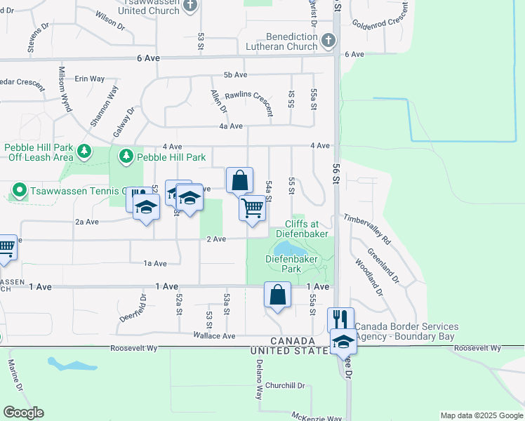 map of restaurants, bars, coffee shops, grocery stores, and more near 259 54A Street in Delta