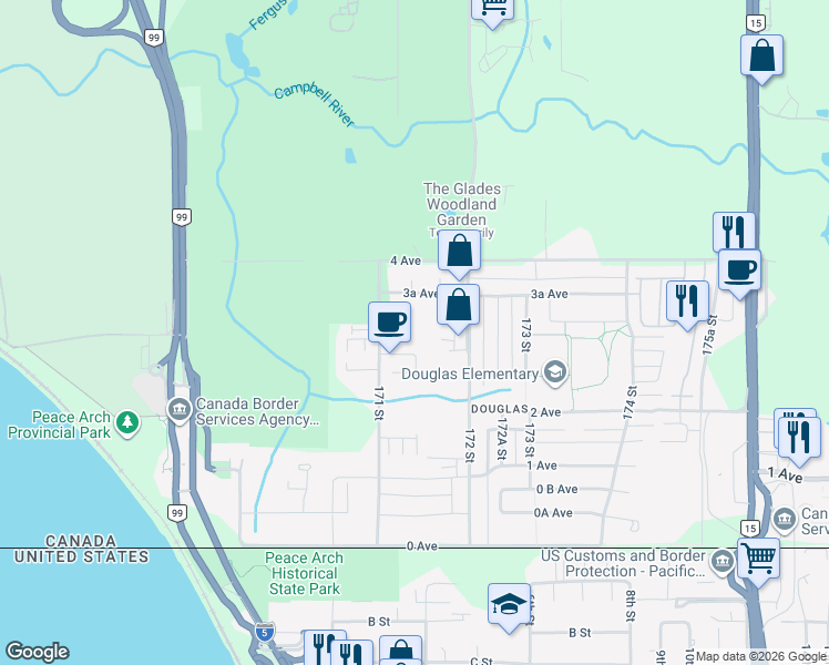 map of restaurants, bars, coffee shops, grocery stores, and more near 310 171A Street in Surrey