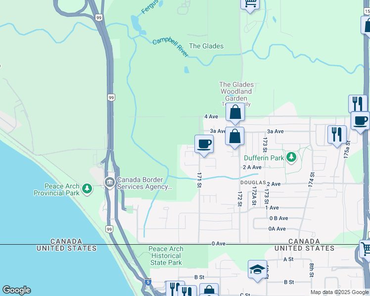 map of restaurants, bars, coffee shops, grocery stores, and more near 303 171 Street in Surrey