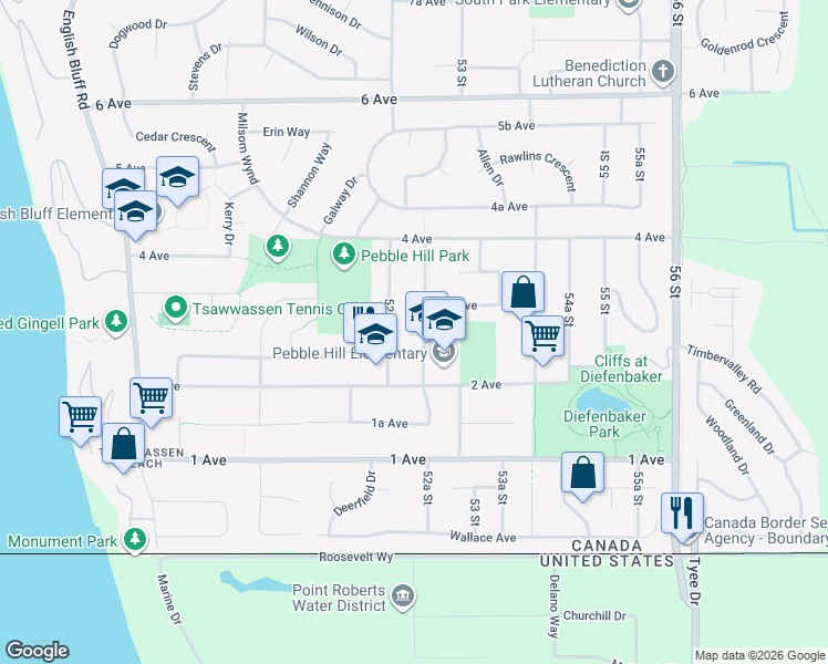 map of restaurants, bars, coffee shops, grocery stores, and more near 284 52 Street in Delta