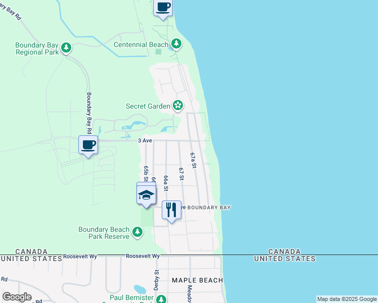 map of restaurants, bars, coffee shops, grocery stores, and more near 283 67A Street in Delta
