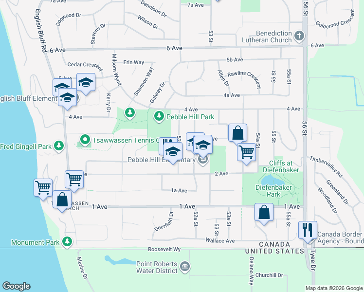 map of restaurants, bars, coffee shops, grocery stores, and more near 284 52 Street in Delta