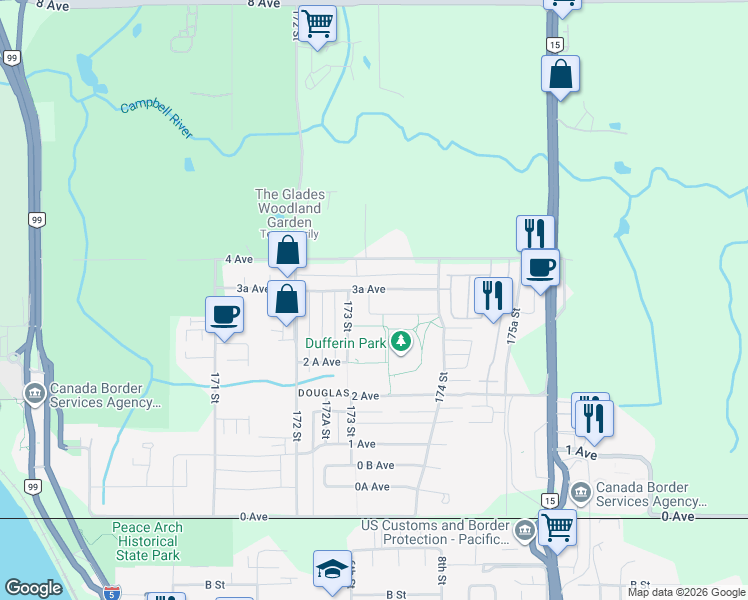 map of restaurants, bars, coffee shops, grocery stores, and more near 342 173 A Street in Surrey