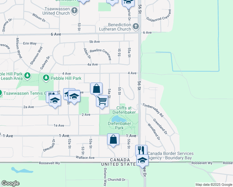 map of restaurants, bars, coffee shops, grocery stores, and more near 301 55 Street in Delta