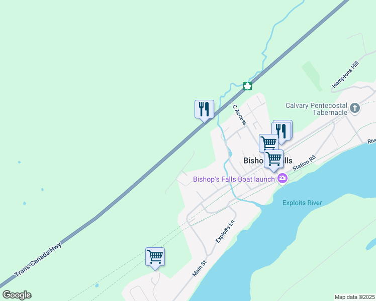 map of restaurants, bars, coffee shops, grocery stores, and more near 8 Trans-Canada Highway in Bishop's Falls