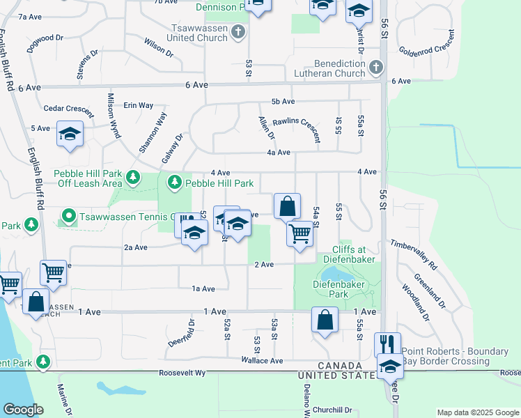 map of restaurants, bars, coffee shops, grocery stores, and more near 5301 3 Avenue in Delta