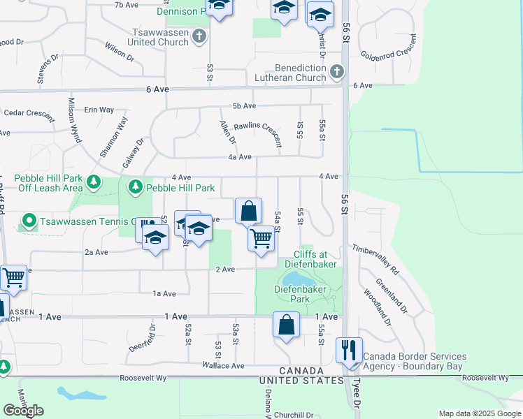map of restaurants, bars, coffee shops, grocery stores, and more near 328 54 Street in Delta