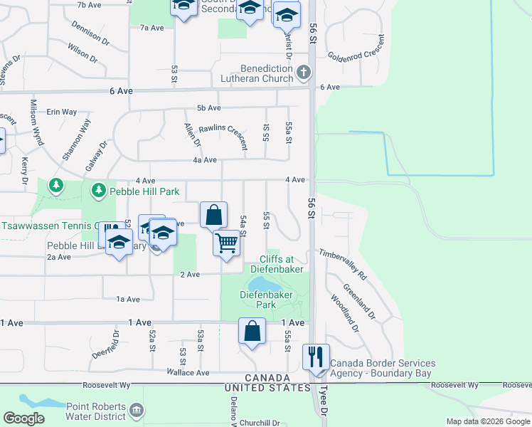 map of restaurants, bars, coffee shops, grocery stores, and more near 262 55 Street in Delta
