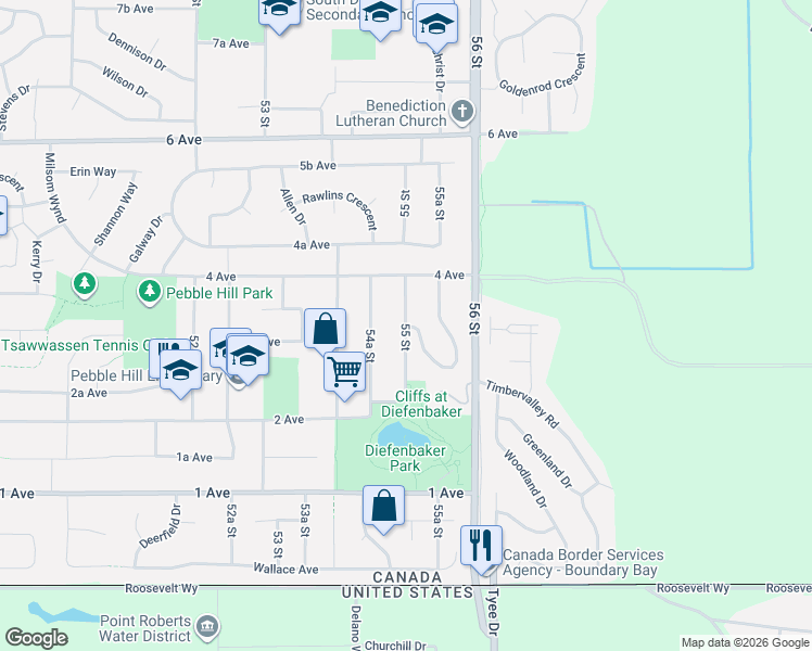 map of restaurants, bars, coffee shops, grocery stores, and more near 268 55 Street in Delta