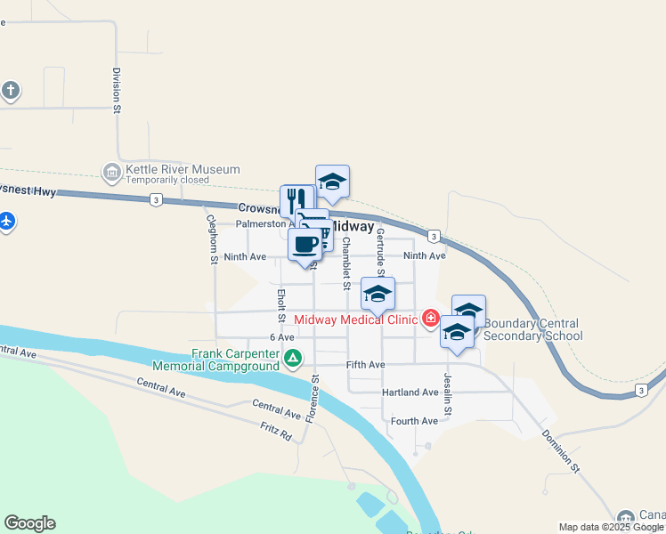map of restaurants, bars, coffee shops, grocery stores, and more near 630 Florence Street in Midway