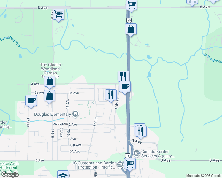map of restaurants, bars, coffee shops, grocery stores, and more near 350 174 Street in Surrey