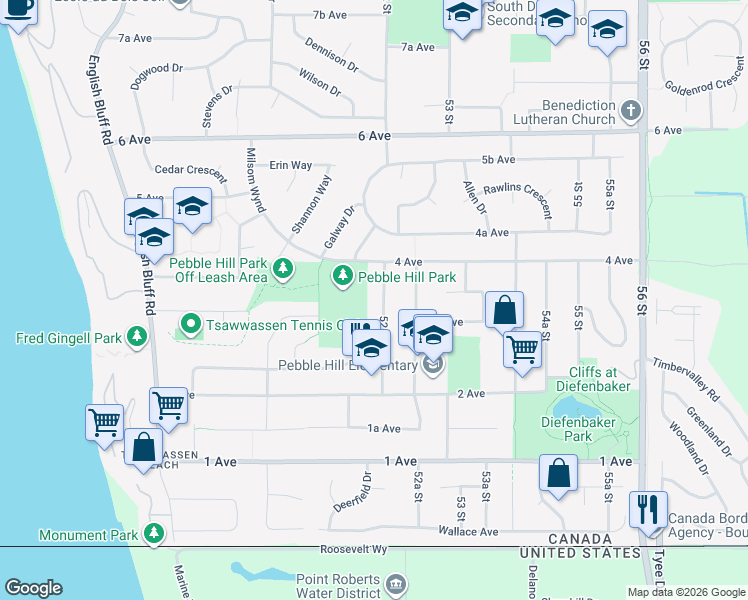 map of restaurants, bars, coffee shops, grocery stores, and more near 335 52 Street in Delta