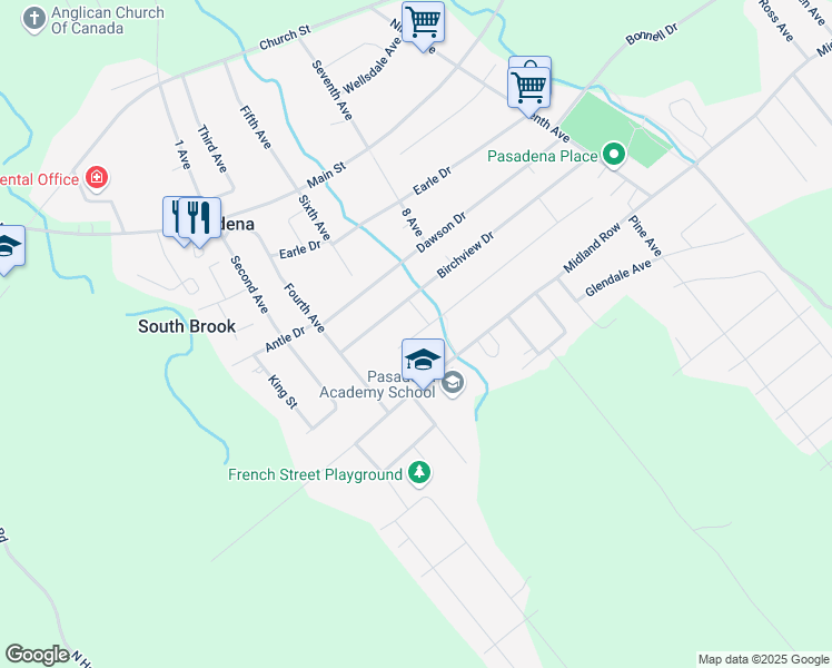 map of restaurants, bars, coffee shops, grocery stores, and more near 11 Spruce Street in Pasadena