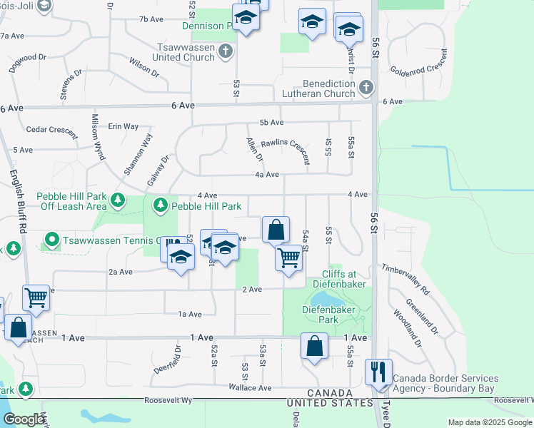 map of restaurants, bars, coffee shops, grocery stores, and more near 370 53A Street in Delta