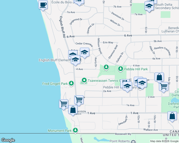 map of restaurants, bars, coffee shops, grocery stores, and more near 4936 4 Avenue in Delta