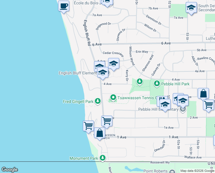 map of restaurants, bars, coffee shops, grocery stores, and more near 4876 4 Avenue in Delta