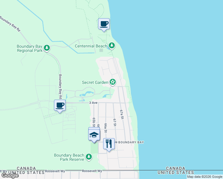 map of restaurants, bars, coffee shops, grocery stores, and more near 399 67A Street in Delta