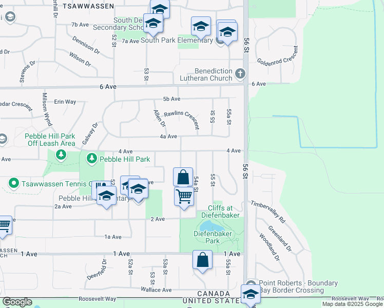 map of restaurants, bars, coffee shops, grocery stores, and more near 409 54A Street in Delta