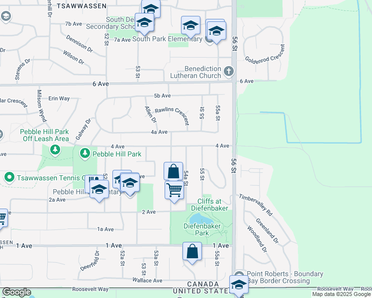 map of restaurants, bars, coffee shops, grocery stores, and more near 409 54A Street in Delta