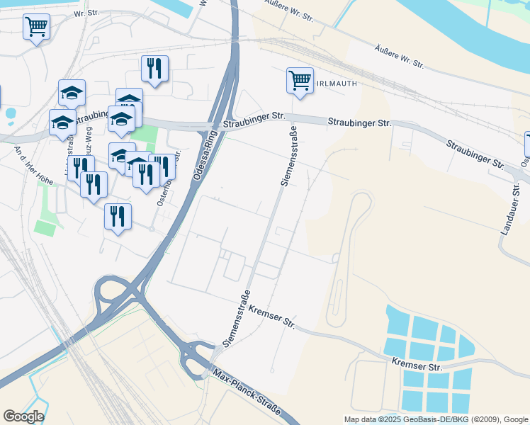 map of restaurants, bars, coffee shops, grocery stores, and more near 2 Peter-Henlein-Straße in Regensburg