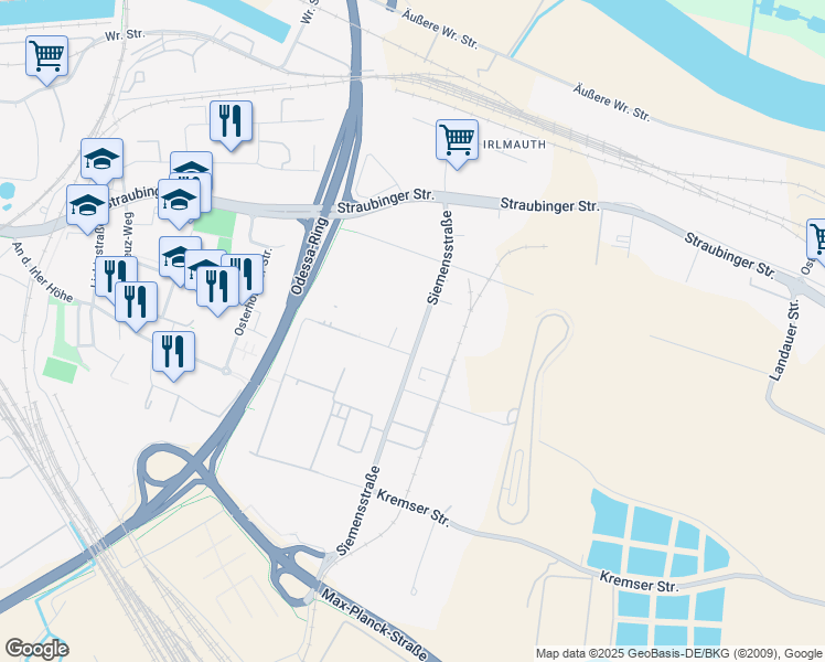 map of restaurants, bars, coffee shops, grocery stores, and more near 2 Peter-Henlein-Straße in Regensburg