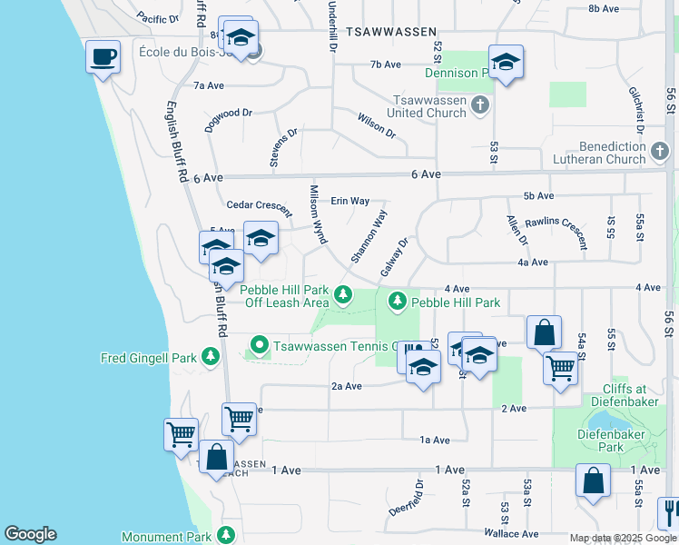 map of restaurants, bars, coffee shops, grocery stores, and more near 451 Milsom Wynd in Delta