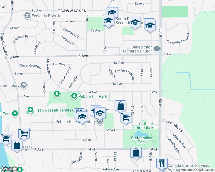 map of restaurants, bars, coffee shops, grocery stores, and more near 5318 4A Avenue in Delta