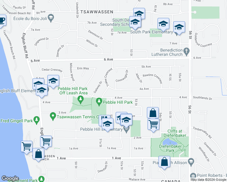 map of restaurants, bars, coffee shops, grocery stores, and more near 5216 4A Avenue in Delta