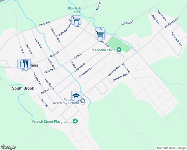 map of restaurants, bars, coffee shops, grocery stores, and more near Hodder Drive in Pasadena