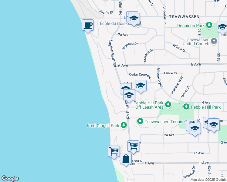 map of restaurants, bars, coffee shops, grocery stores, and more near 486 Tsawwassen Beach Rd in Tsawwassen
