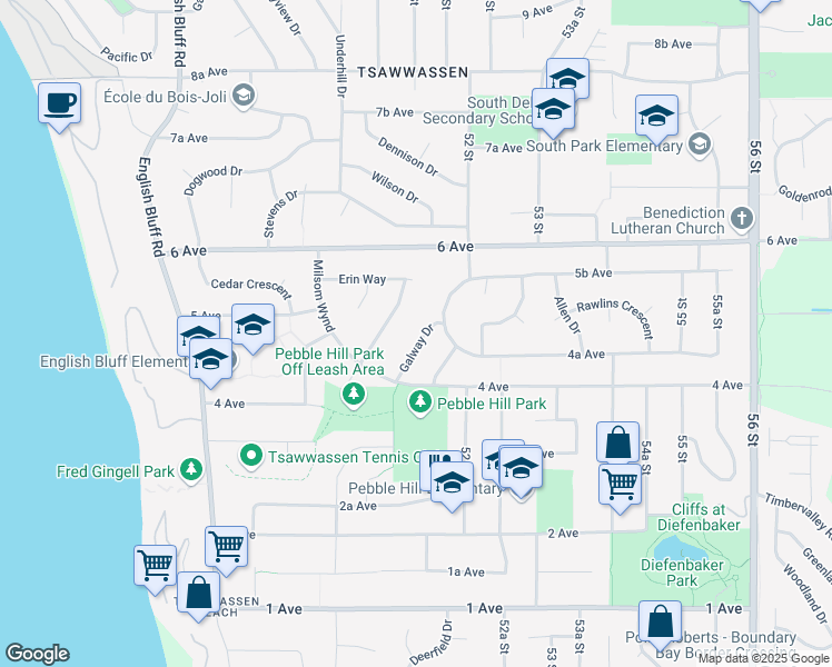 map of restaurants, bars, coffee shops, grocery stores, and more near 5151 Galway Drive in Delta