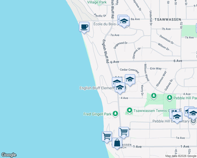 map of restaurants, bars, coffee shops, grocery stores, and more near 476 Tsawwassen Beach Road in Delta