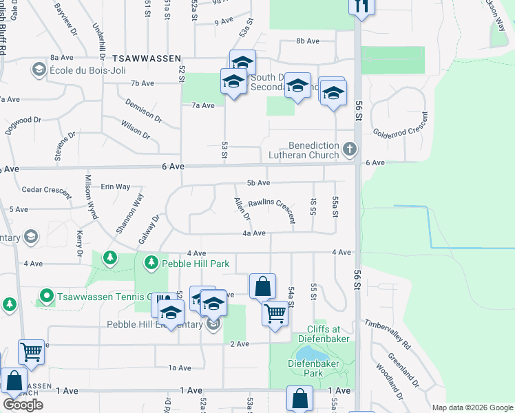 map of restaurants, bars, coffee shops, grocery stores, and more near 5354 Rawlins Crescent in Delta