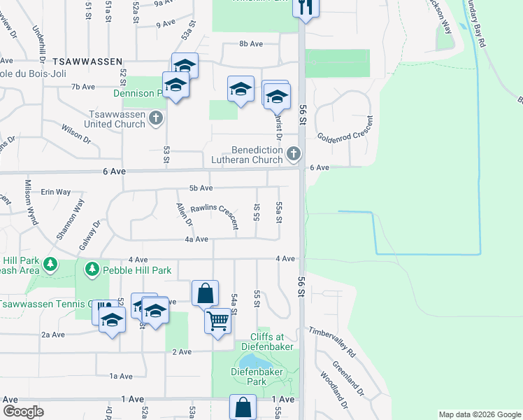 map of restaurants, bars, coffee shops, grocery stores, and more near 510 55 Street in Delta