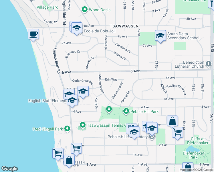 map of restaurants, bars, coffee shops, grocery stores, and more near 515 Erin Place in Delta