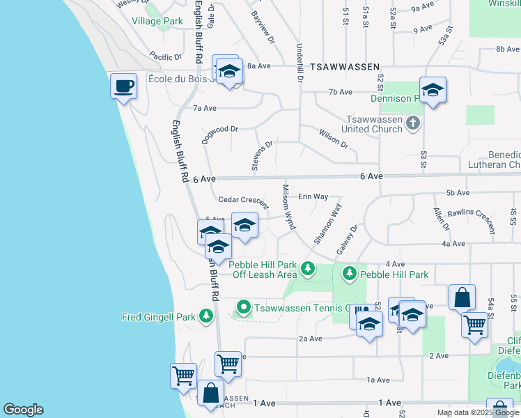 map of restaurants, bars, coffee shops, grocery stores, and more near 4940 Cedar Crescent in Delta