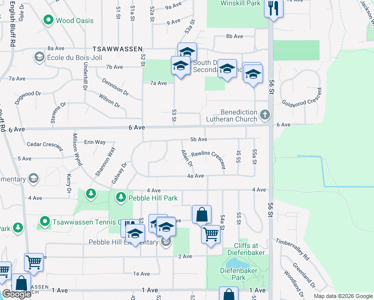 map of restaurants, bars, coffee shops, grocery stores, and more near 494 Allen Drive in Delta