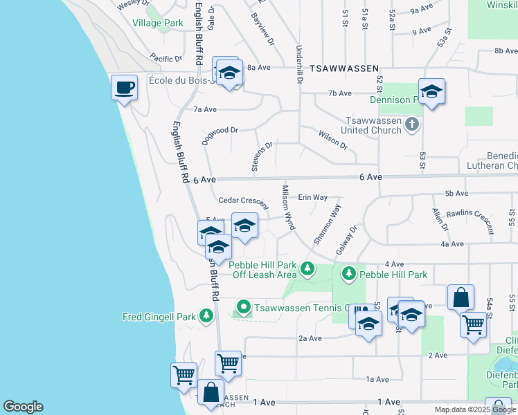 map of restaurants, bars, coffee shops, grocery stores, and more near 4940 Cedar Crescent in Delta