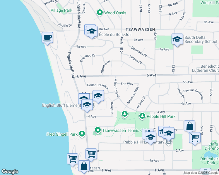 map of restaurants, bars, coffee shops, grocery stores, and more near 4951 Cedar Crescent in Delta