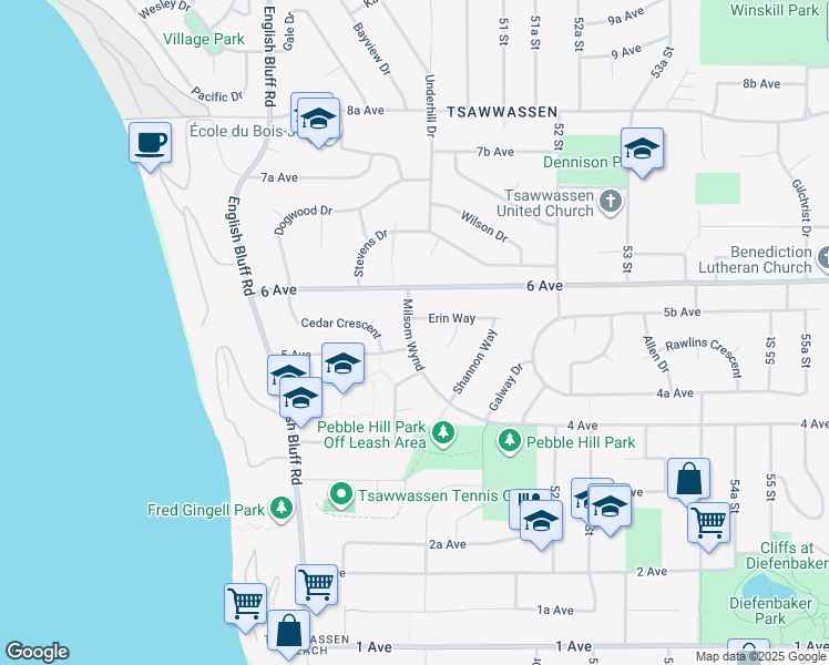 map of restaurants, bars, coffee shops, grocery stores, and more near 554 Milsom Wynd in Delta