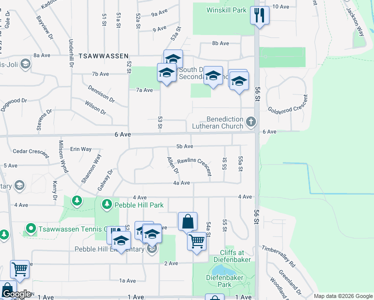 map of restaurants, bars, coffee shops, grocery stores, and more near 5382 5B Avenue in Delta