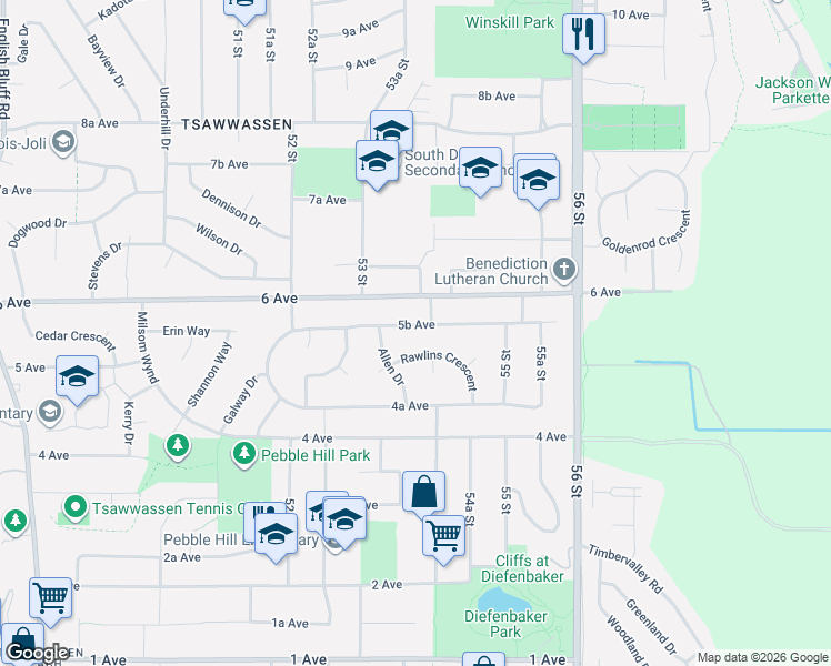 map of restaurants, bars, coffee shops, grocery stores, and more near 5365 Rawlins Crescent in Delta