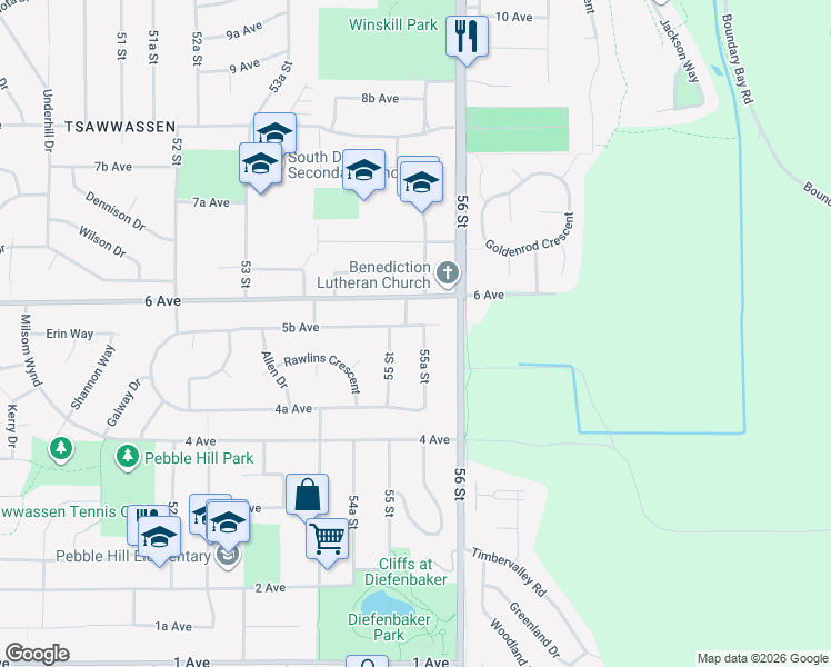 map of restaurants, bars, coffee shops, grocery stores, and more near 555 55A Street in Delta