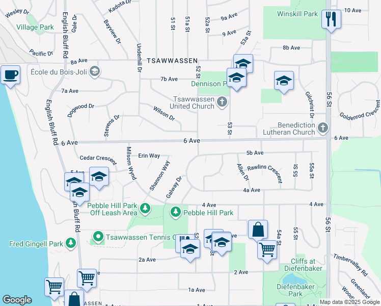 map of restaurants, bars, coffee shops, grocery stores, and more near 565 Tralee Crescent in Delta