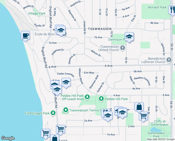 map of restaurants, bars, coffee shops, grocery stores, and more near 5047 Erin Way in Delta