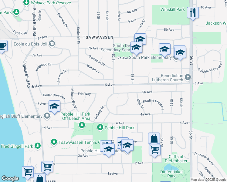 map of restaurants, bars, coffee shops, grocery stores, and more near 5223 5B Avenue in Delta