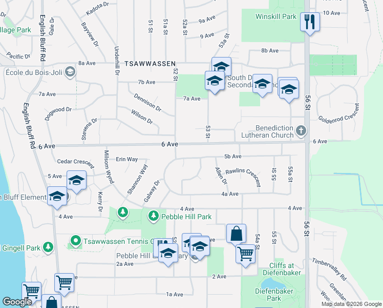 map of restaurants, bars, coffee shops, grocery stores, and more near 5253 5B Avenue in Delta