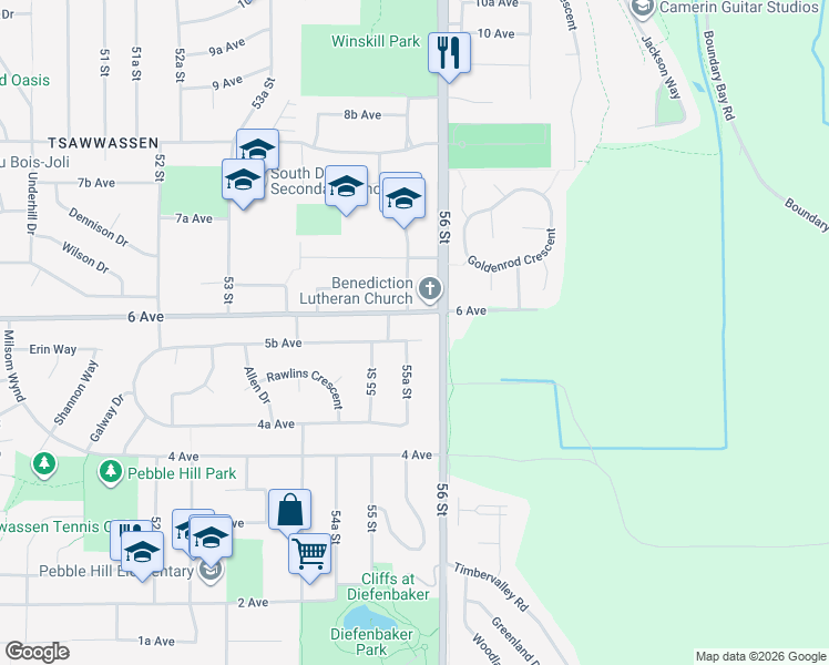 map of restaurants, bars, coffee shops, grocery stores, and more near 5565 5B Avenue in Delta
